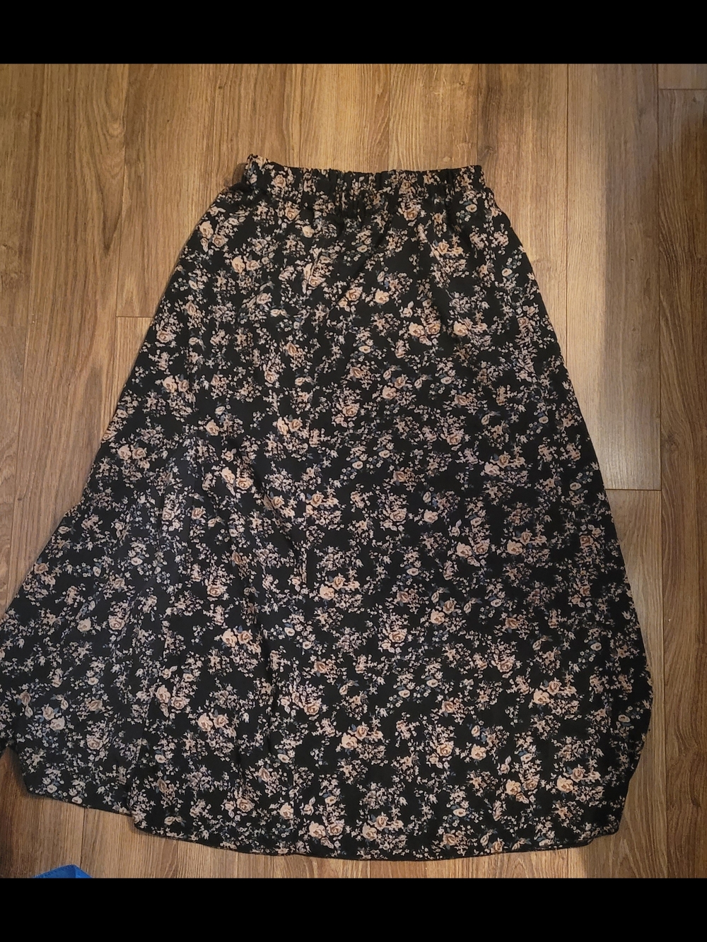 Black Floral Midi Skirt with Pink Floral Print